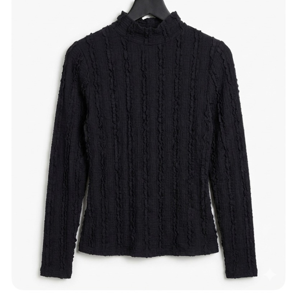 NWT•ICHI Ihmandella Black Textured Ruffle Mock Neck Top Open Back S